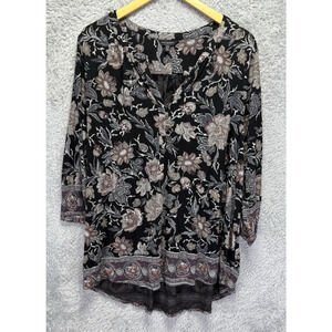 Lucky Brand‎ Womens Top 1X Black Purple Floral High Low Popover V Neck Boho NWT